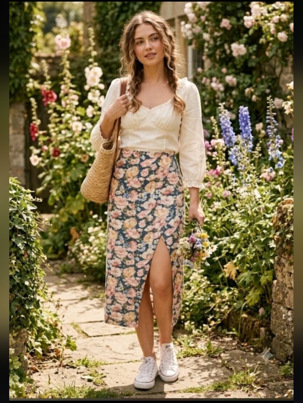 Abercrombie & Fitch Floral Midi Faux Wrap Skirt S Cottagecore 90s Y2K